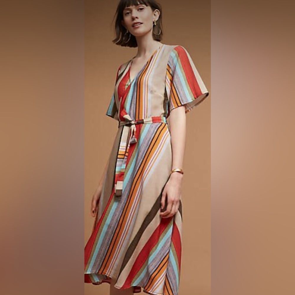 Anthropologie Porridge Lana Striped Wrap Midi Dress Size Small EUC